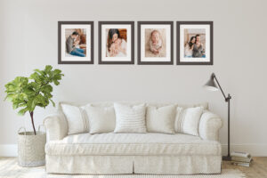 family photography, a white living room with newborn photos hanging above the couch.